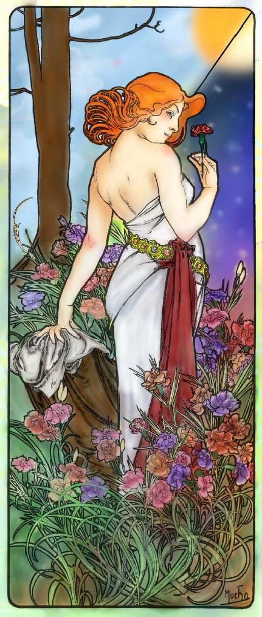 ミュシャ 四つの花（アイリス・バラ）絵画額縁つき